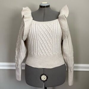 H&M Square Neck Ruffle Shoulder Cream Cable Knit Sweater